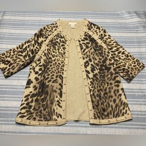 Chico's cheetah print short sleeved, open cardigan.